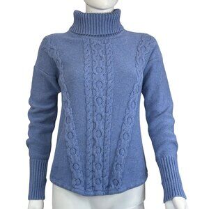 L.L. Bean Womens Cable Knit Turtleneck Sweater Small Blue 100% Cotton Comfort